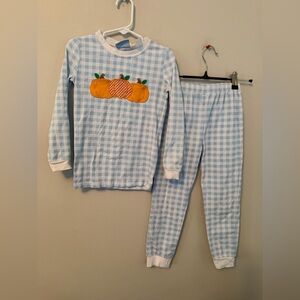 Classic Whimsy Blue Gingham Kids Pajamas with Pumpkin Design